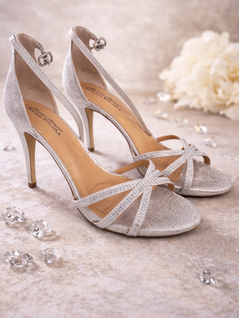 Badgley Mischka Silver Rhinestone Heels Size 9 Elegant Strappy Sandals